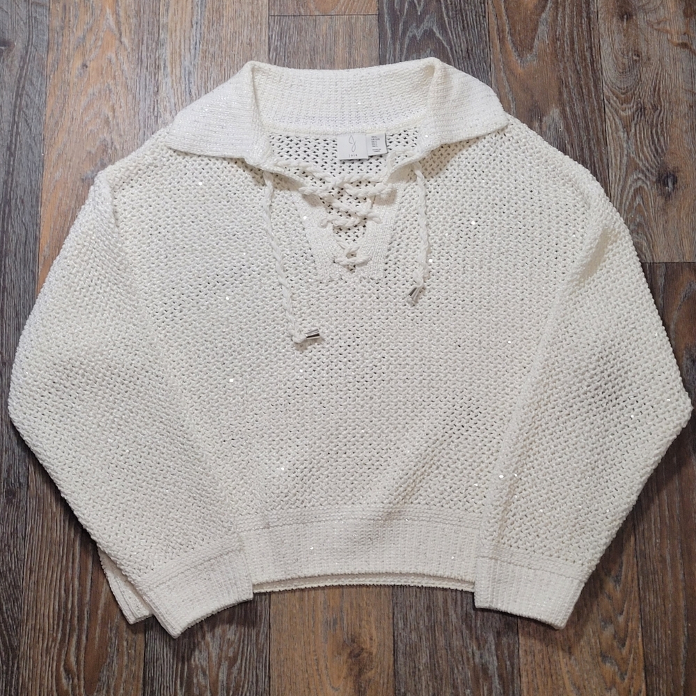 Joie Womens Large Coastal Vibes Textured White Shimmer Crochet Pullover Sweater - Picture 2 of 5